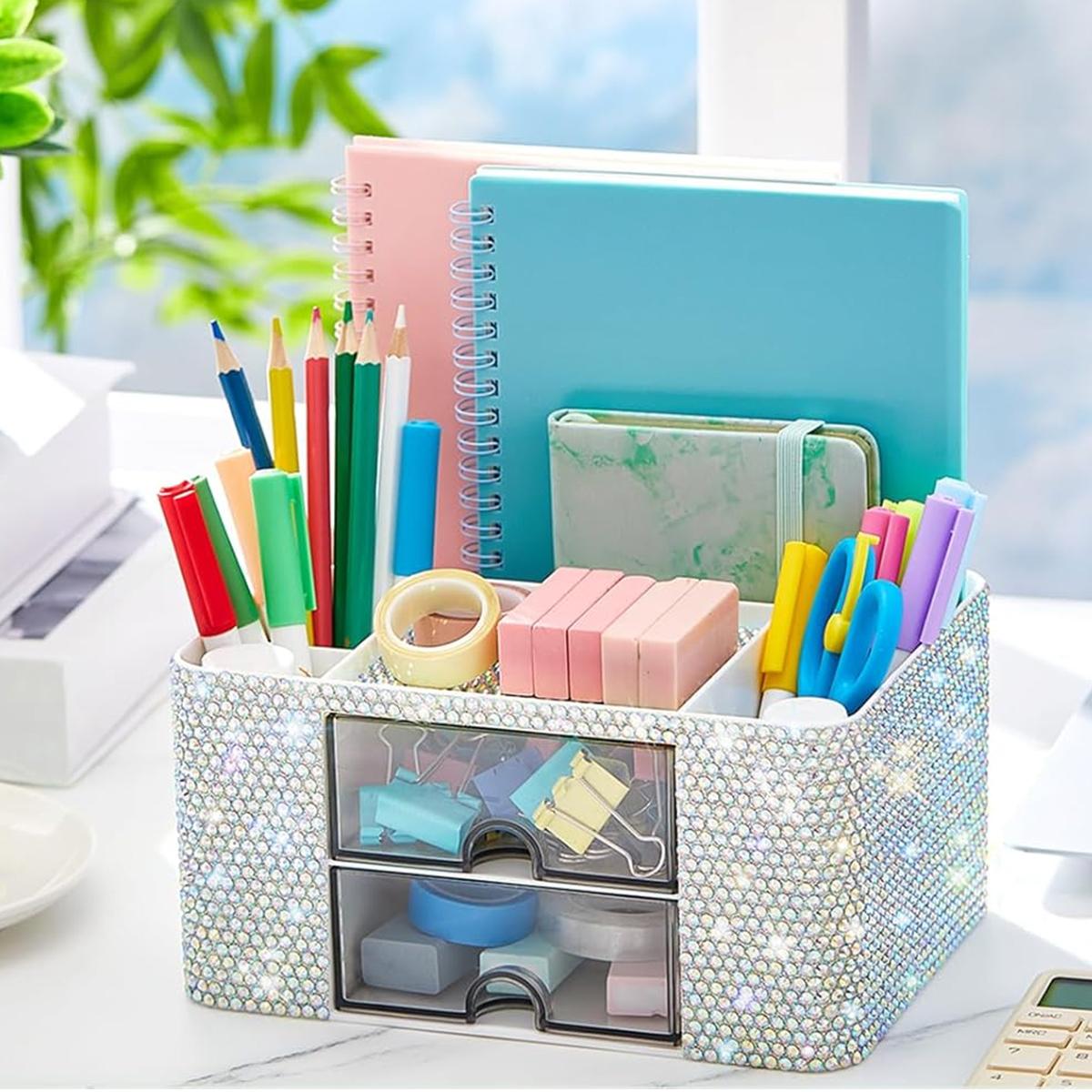 Diamond Embellished Storage Box with Drawer, Multi-Compartment Design, Makeup Brush Organizer, Cosmetic Holder, Bedroom Vanity Tray