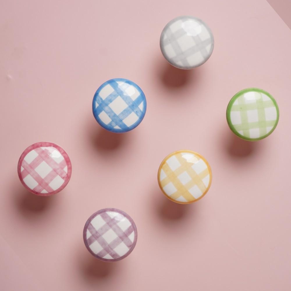 2 Pcs Brass & Ceramic Hand-Painted Grid Pull Handles, Vintage Style Knobs for Wardrobe/cabinet/drawer/Doorknob, 5 Colors, Anti-Oxidation Screws Included