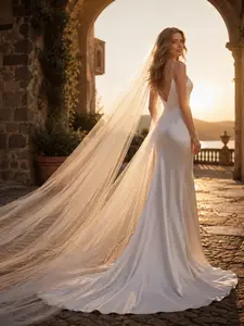 Luxurious long cathedral-length wedding veil (with comb)—a long, sheer tulle veil for brides, suitable for beach or church weddings, bachelorette parties, and wedding photography; an elegant bridal headpiece, Trailing Veil