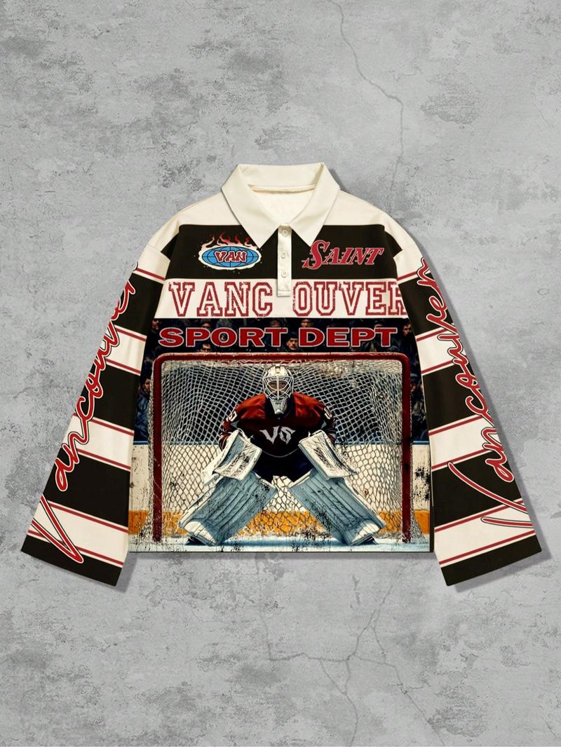 Men's Street Life Men's Street Graphic Print Stripe Polo Neck Long Sleeve T-Shirt, Autumn Winter