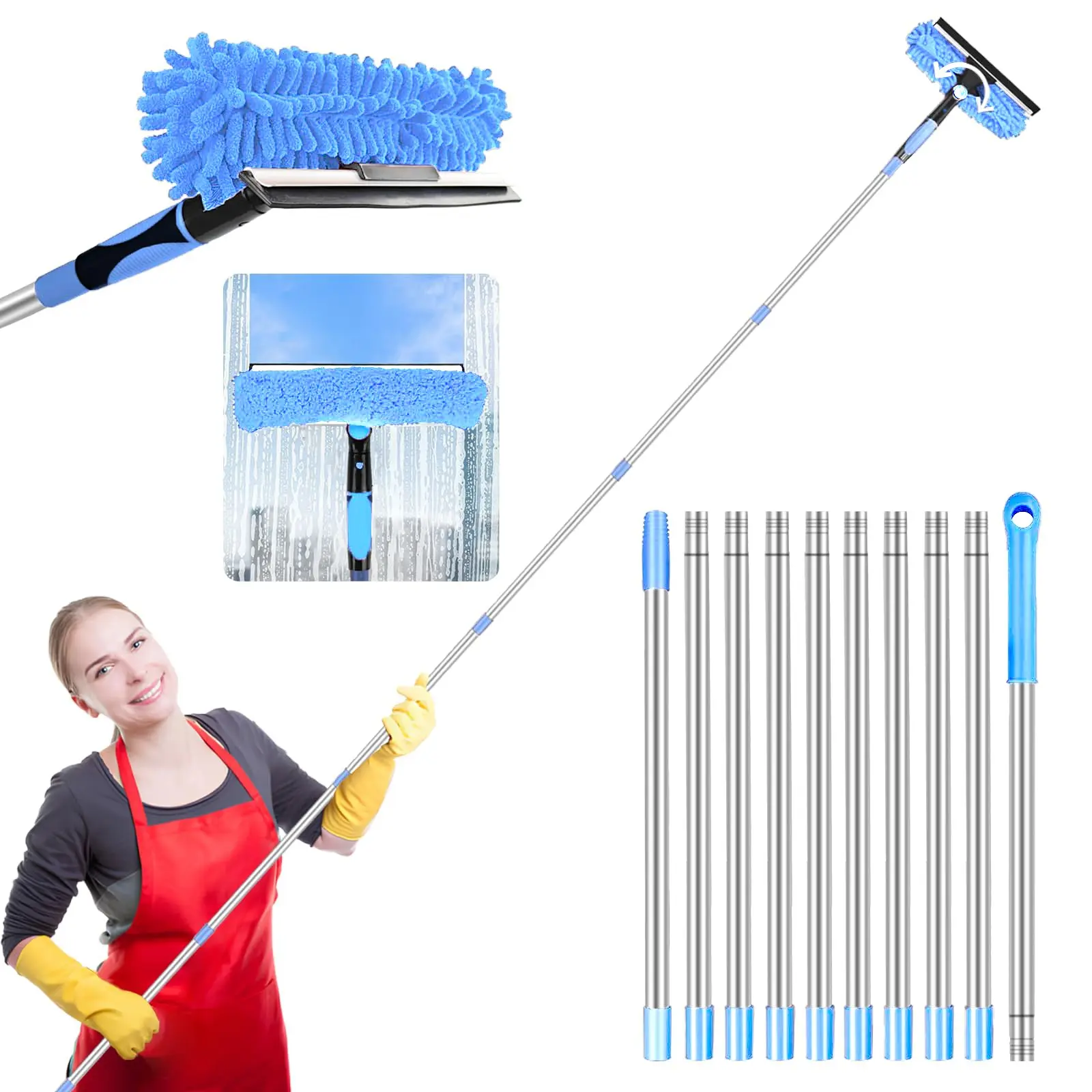 Professional 73-Inch Window Cleaning Kit, 3-In-1 Window Cleaner Tool, Stainless Steel Squeegee, Car Windshield Cleaner, Glass Wiper