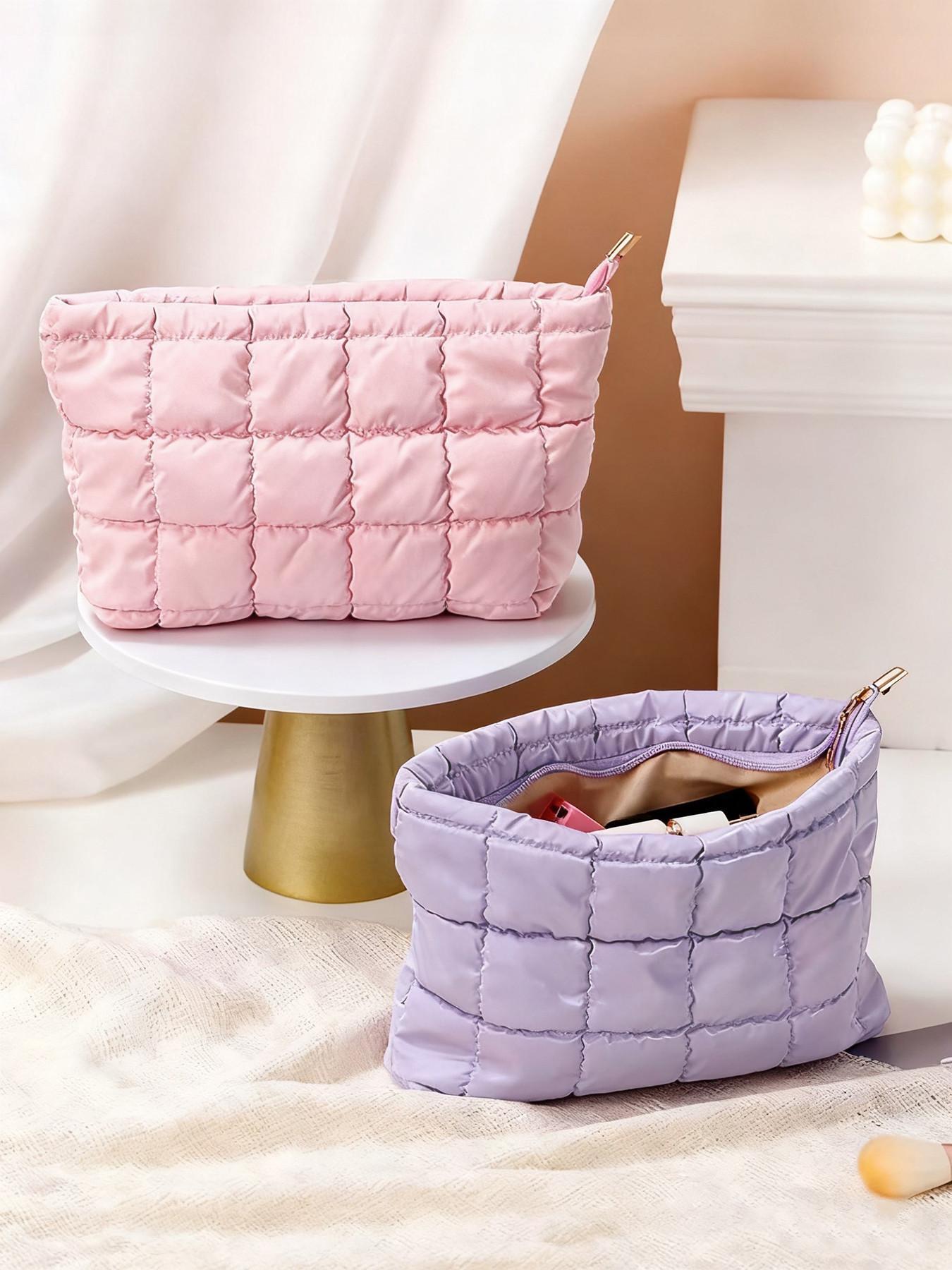 Ladies' minimalist fashion diamond-pattern makeup bag, casual textured quilted women's bag, suitable for daily business trips and travel, easy to carry, Makeup Organizer Pouch, Handheld Cosmetic Pouch