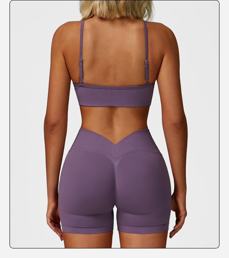 Women's 2 Piece Seamless Yoga Workout Set High Waisted Shorts Sports Bra for Exercise Athletic Breathable Lightweight Compression Activewear Pilates Gym Outfit with Hollow Square Back and Curved Rear Hip