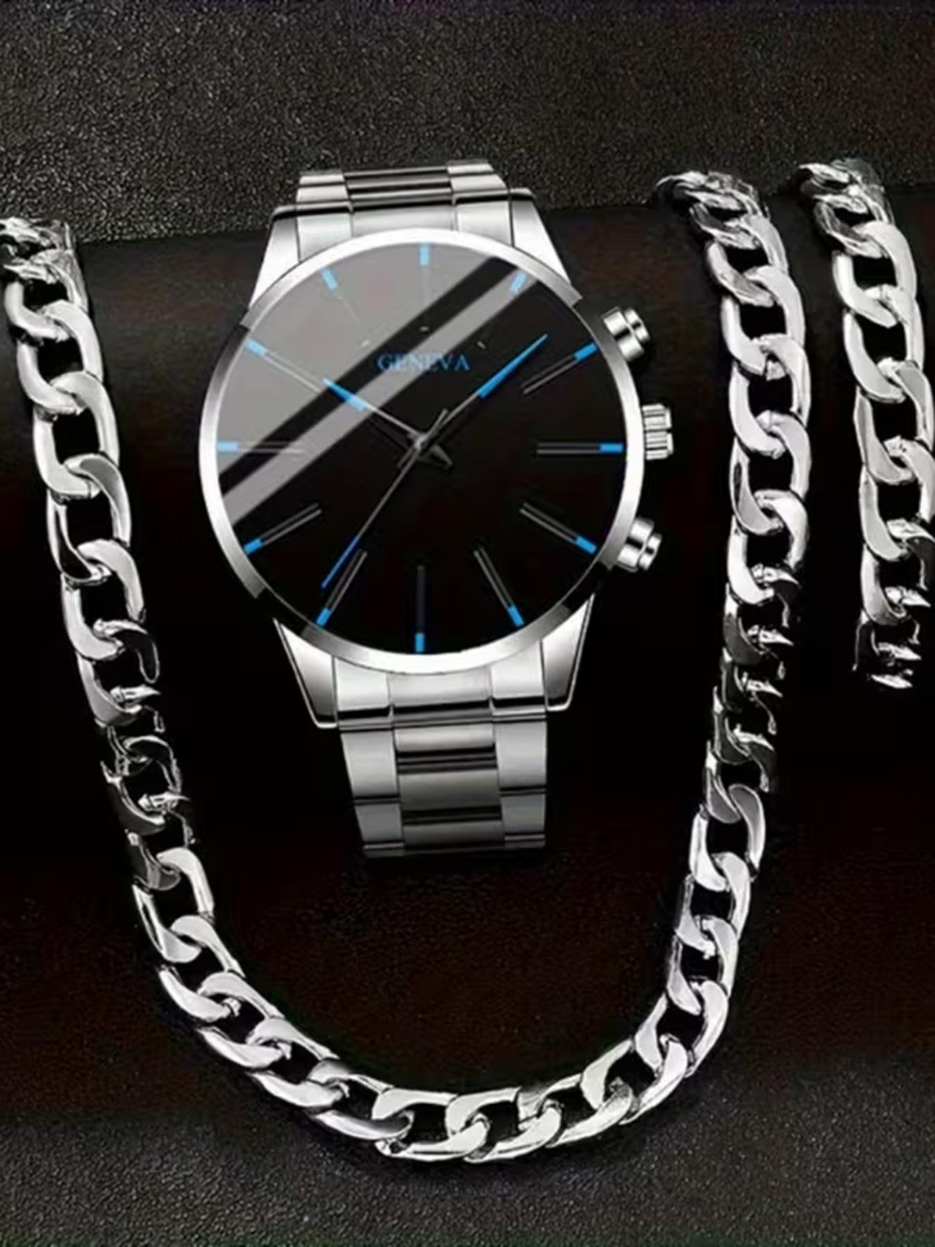 3-Piece Men's Watch and Necklace Bracelet Set - Gold Luxury Quartz Watch with Matching Chain, Casual Simulation Watch,/Father's Day Gift, Affordable Watch Set