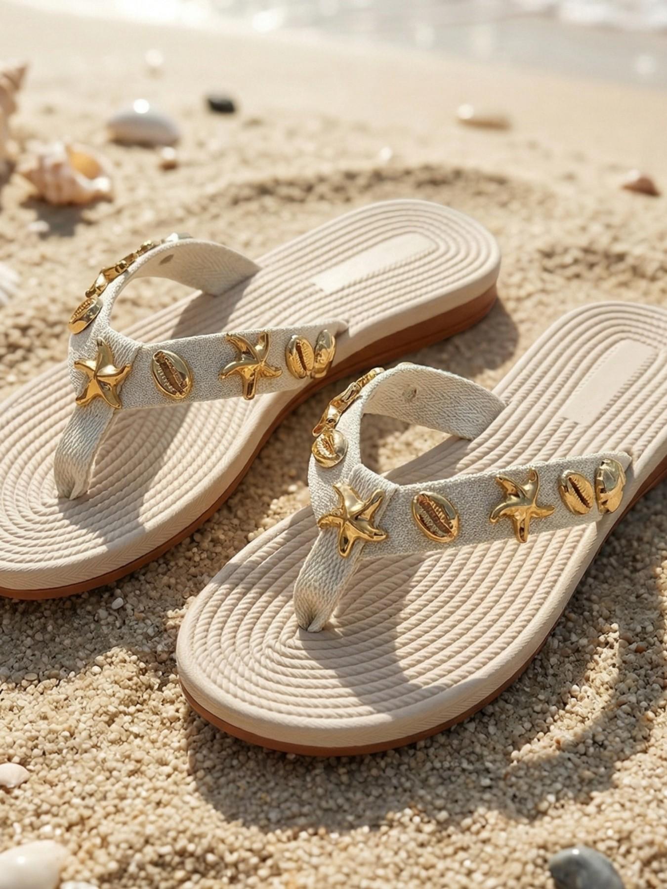 Summer New Metal Starfish Shell Sandals for Women, Soft Sole Anti-Slip Beach Shoes, Outdoor Slip-On Flip Flops