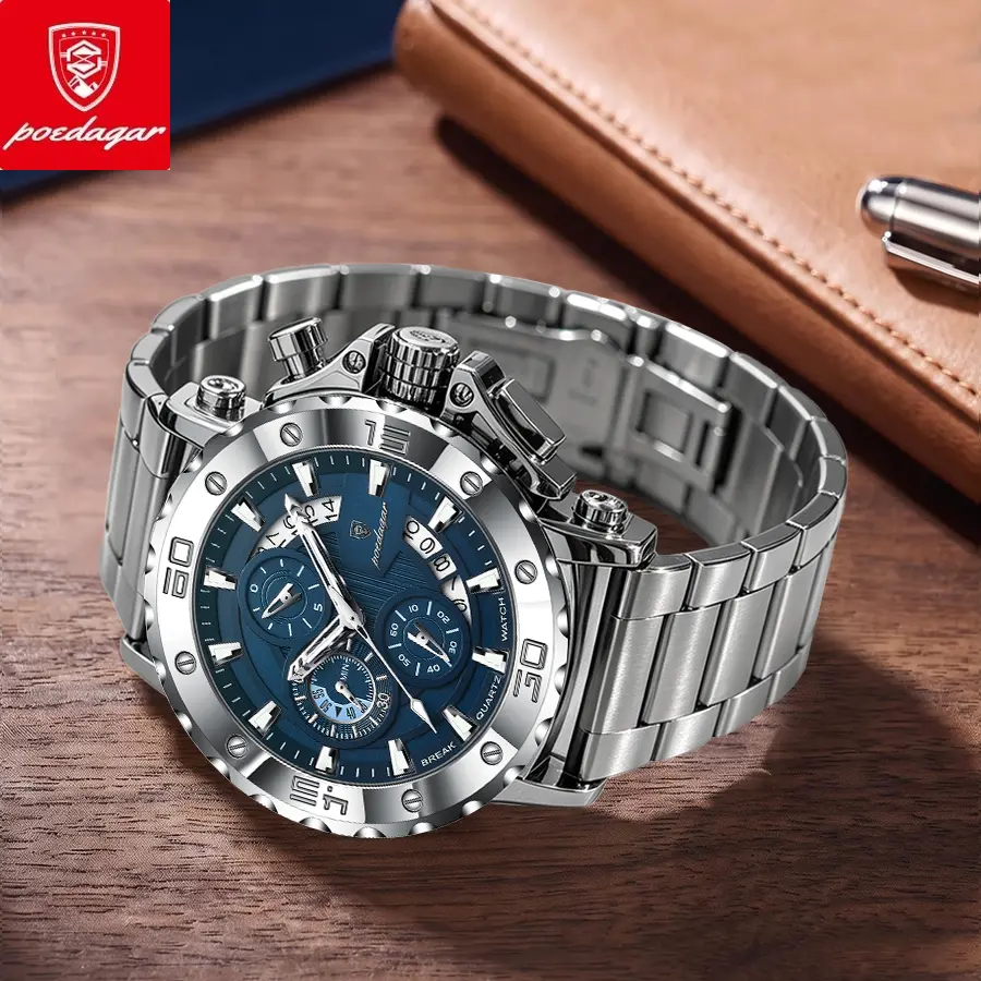 POEDAGAR Watch For Men Calendar Luminous Waterproof Man Clock Male Chronograph Stainless Steel Men's Quartz Watches