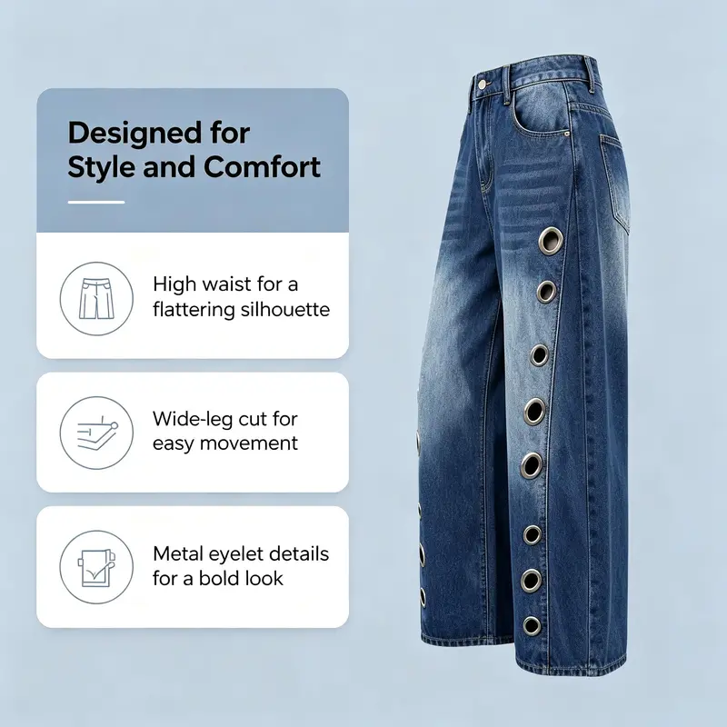 Women's High Waist Geometric Eyelet Cotton Mix Denim Style Jeans - Baggy Wide-Leg Cropped Bottoms with Side Pockets, Zip Fasten, Casual Fashion Fabric, 2026 Fall Festival Streetwear, Cold Wash Y2K Clothing Women's High Waist Geometric Eyelet Cotton Mix Denim Style Jeans - Baggy Wide-Leg Cropped Bottoms with Side Pockets, Zip Fasten, Casual Fashion Fabric, 2026 Fall Festival Streetwear, Cold Wash Y2K Clothing