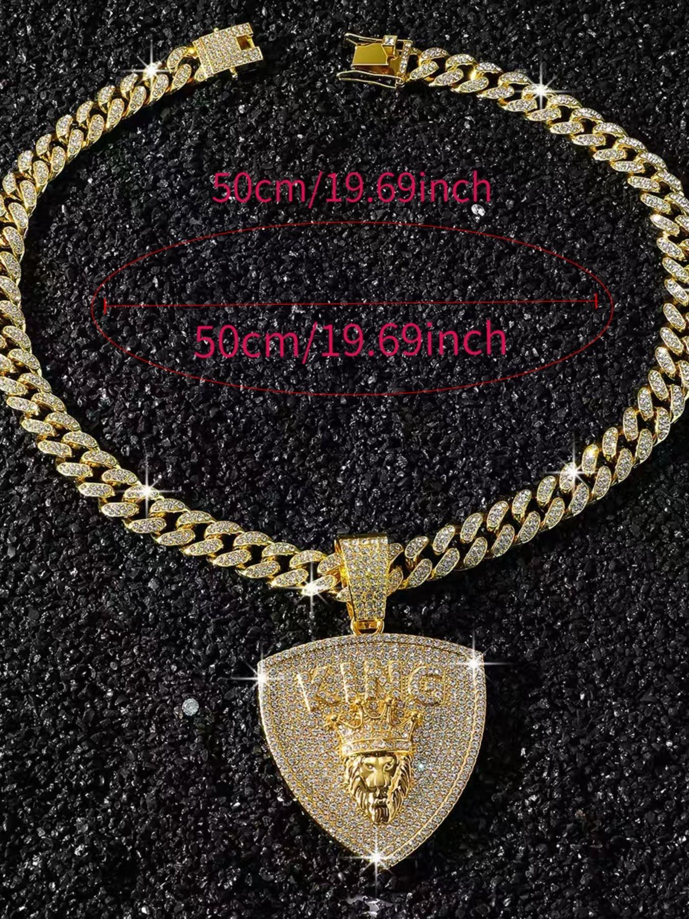 Luxury Full Diamond Crown Lion Shield Pendant, Men's Hip Hop Cuban Link Design Chain Accessory, Street Style Necklace, All Seasons Wear