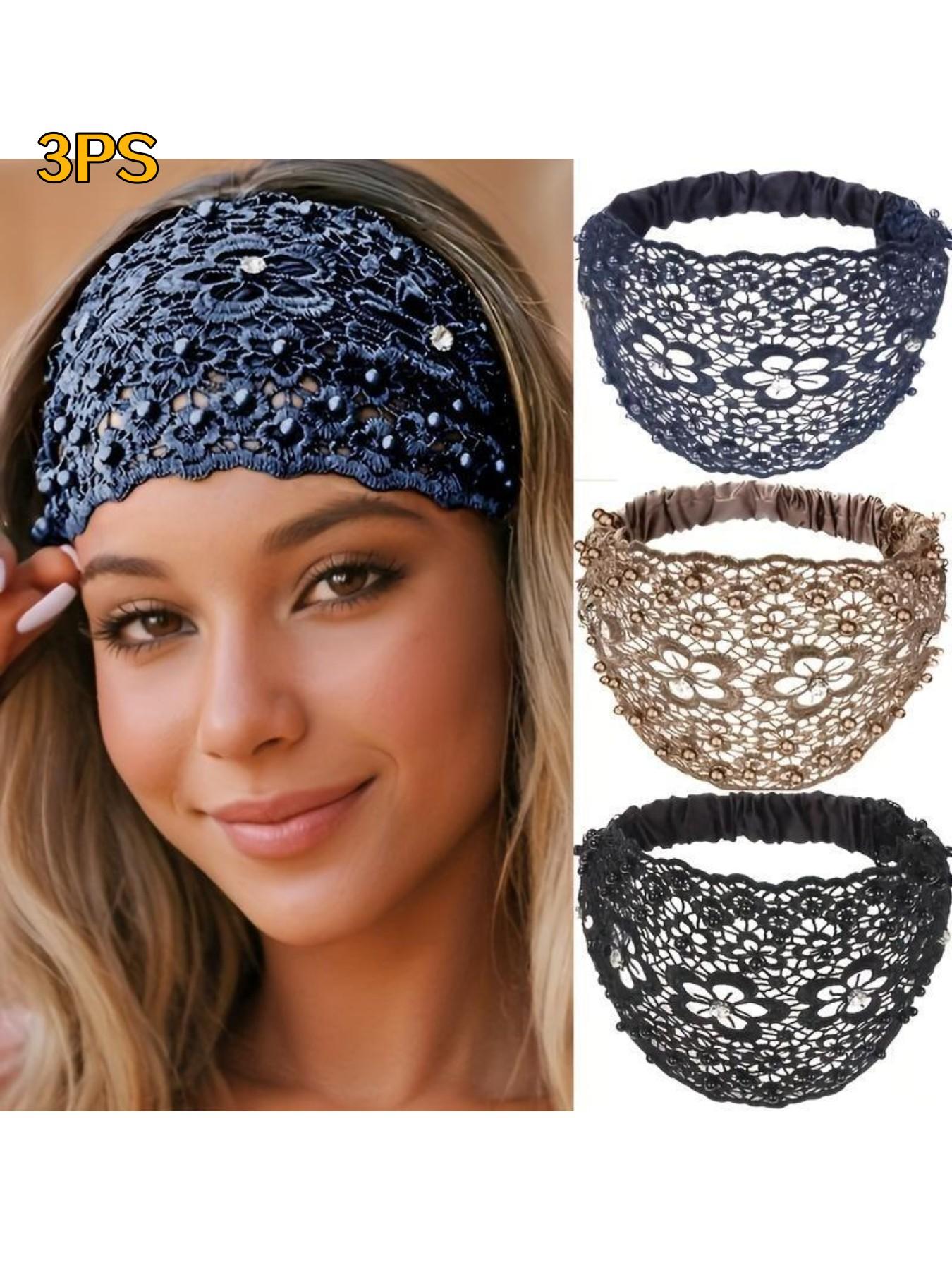 Elegant Lace Flower Headband Set, 3 Pcs Hollow Beaded Plum Blossom Hair Bands, Wide Strap Safety Hair Accessories for Women