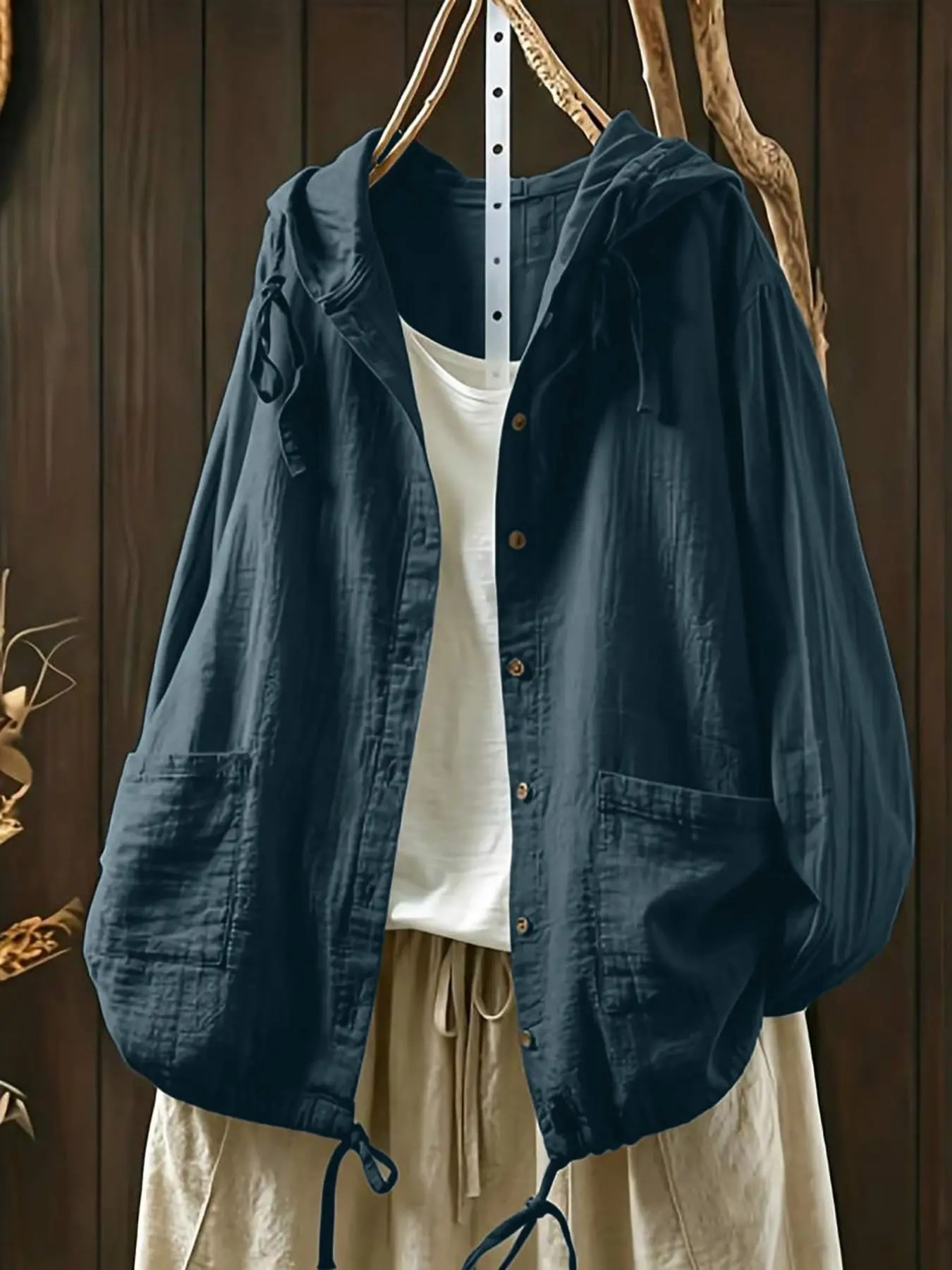 Plus Size Women's Loose Hooded Jacket, Casual Basic Button Down Drawstring Hem Lightweight Oversized Long Sleeve Coat With Pockets