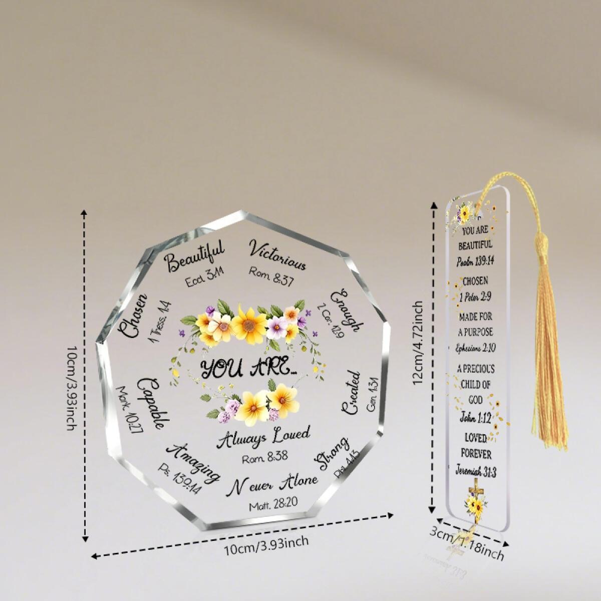 2pcs/set Christian Sunflower Scripture Octagonal Desktop Decoration + Yellow Tassel Bookmark, Fresh Watercolor Floral Style Ornament, Suitable for Desk, Church, Home ＆ Office Decoration, Warm Gift for Christians