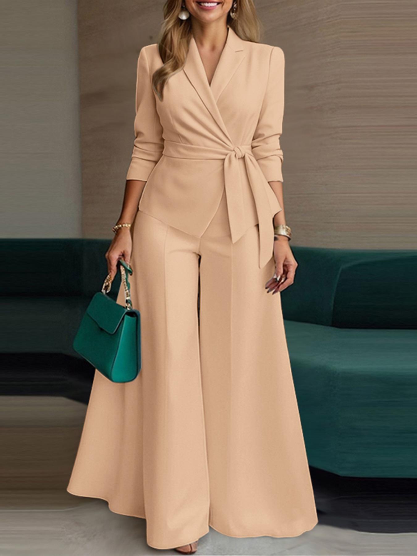 Women's Business Casual Blazer Set, Solid Color Tie Design, Perfect for Office & Daily Wear, Fashionable Women's Clothing