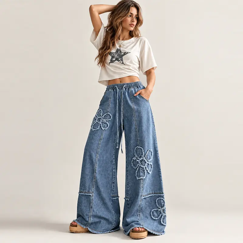 Women American High Street Floral Embroidery Patchwork Wide Leg Jeans, Elastic High Waist Polka Dot Raw Hem Floor Length Denim Pants, Casual Loose Baggy Trousers For Daily Streetwear Party