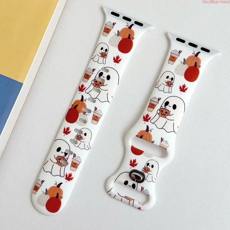 Sohochic Cute Autumn Ghost Pumpkin Silicone Strap - White Base with Maple Leaves Fall Pattern, Sweatproof, Adjustable Slim Fit, Universal Sizes, Sports Wristband Daily Smartwatch Accessories