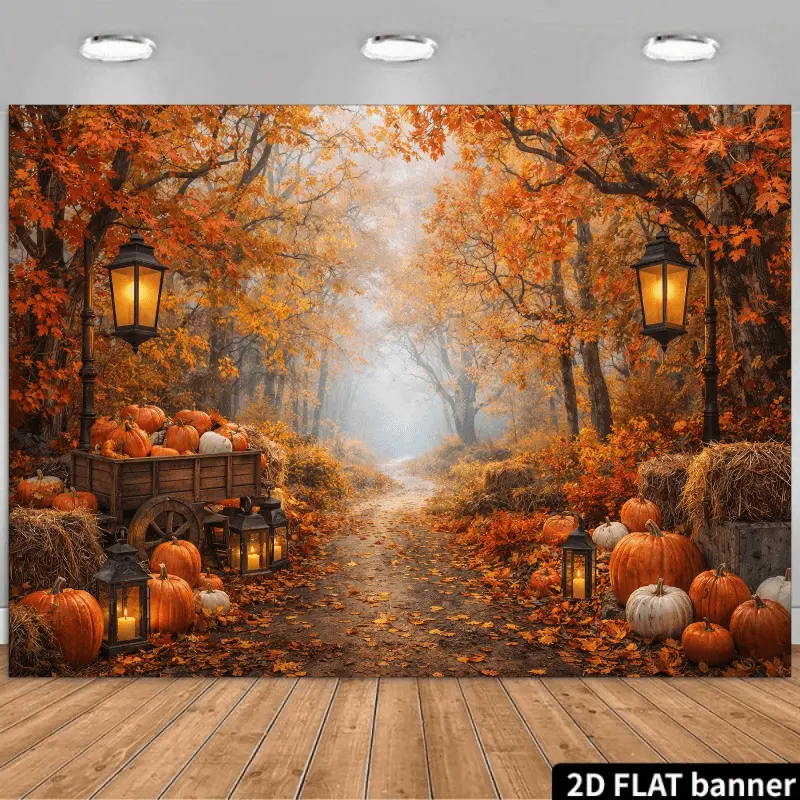 Vintage Fall Forest Pumpkin Tapestry - Autumn Harvest Road, Lantern, Hay Bale Scene Backdrop Decor with Hooks Included, Thanksgiving Decor, Pumpkin Prop Tapestries for Bedroom Dorm Living Room Parties