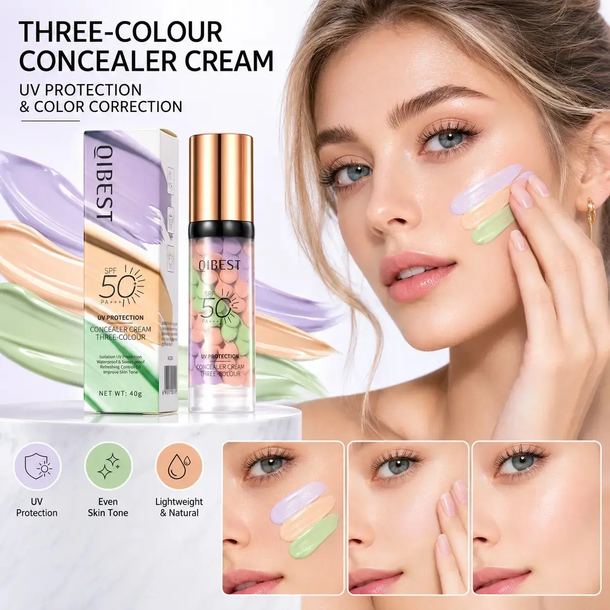 Three-Color Protective Isolation Cream with SPF 50, Brightening & Oil-Control Moisturizer, Waterproof Sunscreen Primer, Color Corrector