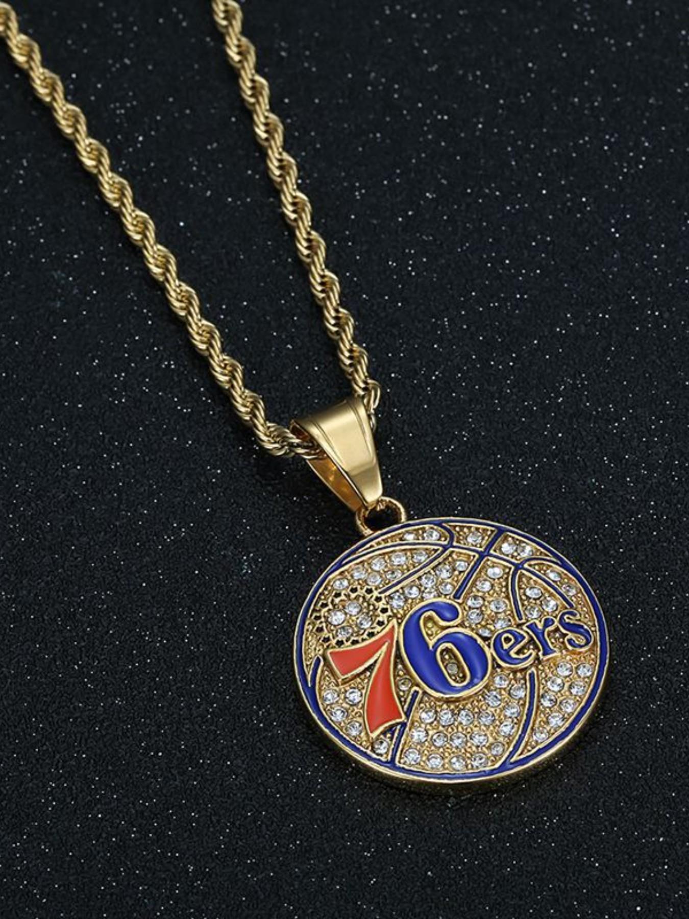 Titanium Steel Philadelphia 76ers Team Rhinestone Pendant Necklace, Vacuum Plated Hip Hop Style, Unique Personalized Jewelry