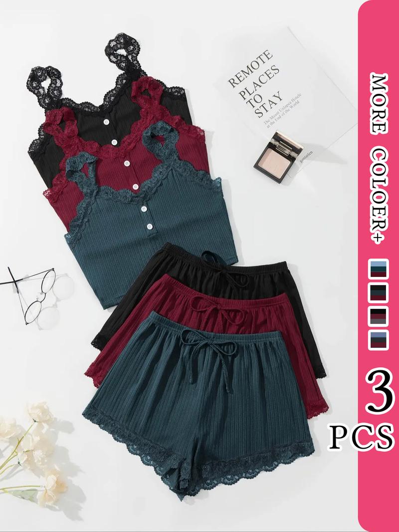 Women's Elegant Contrast Lace Button Cami Top & Elastic Waist Tie Front Shorts Pyjama Set, Casual Comfortable Loungewear Set For Women, Pyjamas for Women