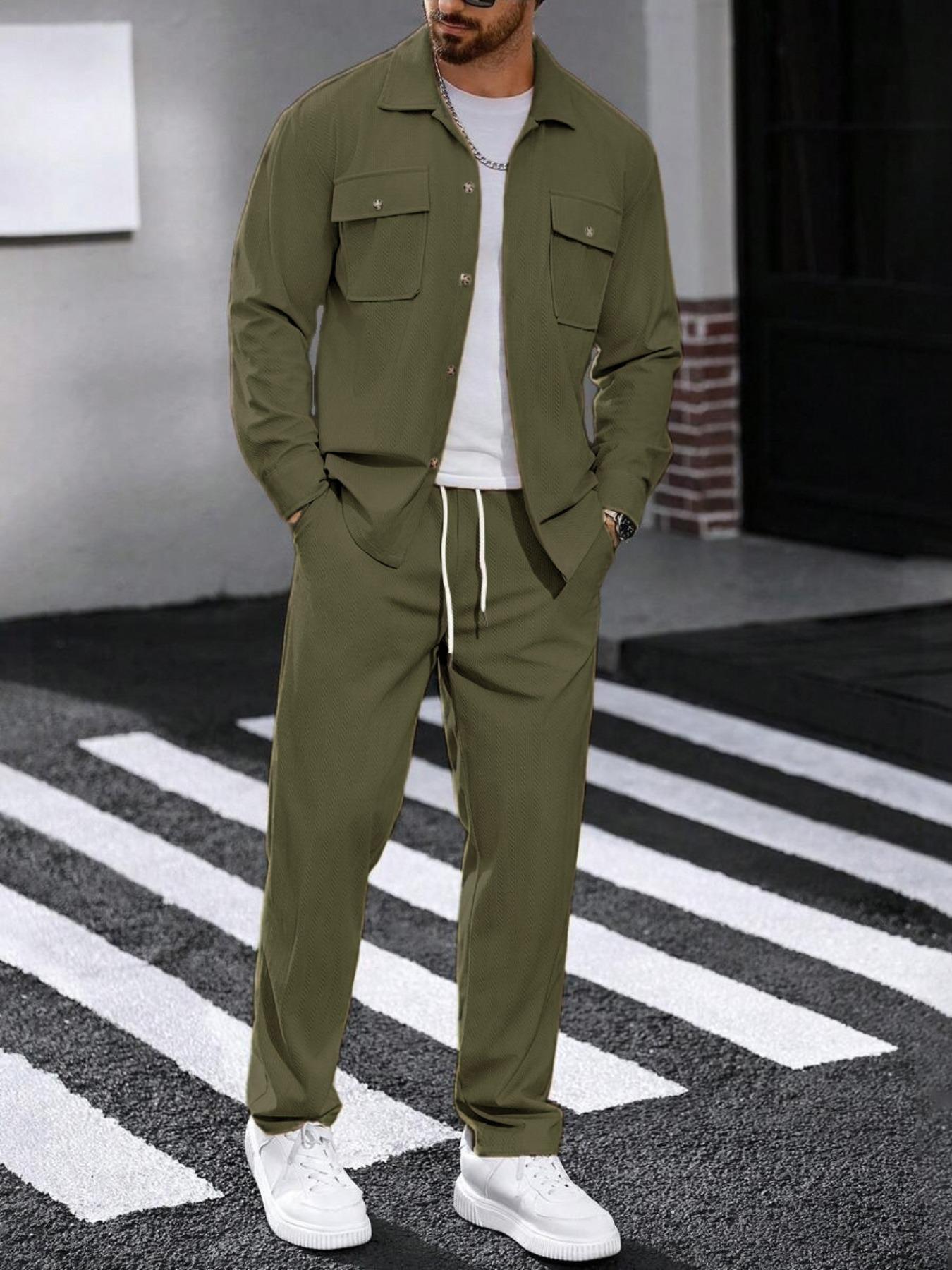 Men's two-piece solid color polo neck button with pockets coat and elastic drawstring waistband sport pants, regular version casual comfortable long sleeve top and, suitable for spring and autumn wear, men's daily clothing.
