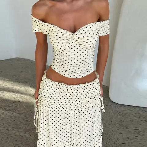 Women's Summer Short Sleeve Top & High Waisted Long Skirt, Polka Dot Two Piece Outfit Set for Beach Vacation, Summer Matching Sets, Clothes and Skirt Sets