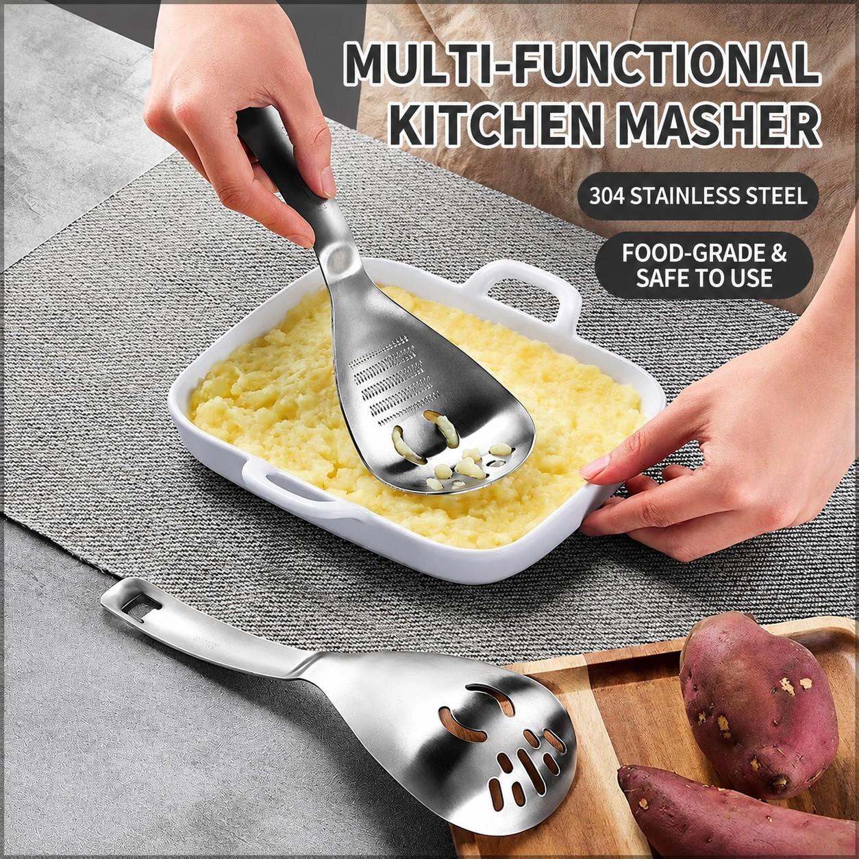 304 Stainless Steel Multi-Use Kitchen Strainer Ladle with Holes - Draining Filter Mesh, Baby Food Masher, Garlic Grinder, Multi-Functional Utensil, Cooking