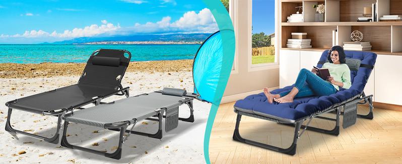 Lilypelle Heavy Duty Patio Chaise Lounge, 500LB Bearing 3IN1 Adjustable Lounge Chair 1200D Oxford Adults Sleeping Camp Chair, with Mattress