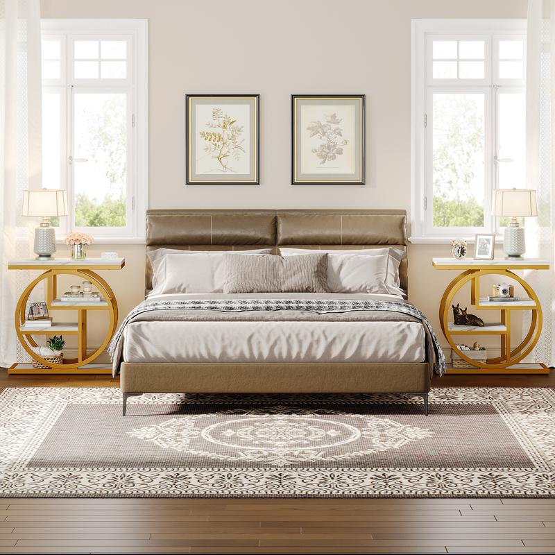 LITTLE TREE End Table for Living Room, Modern Faux Marble Narrow Side Table with Storage Shelves, 4-Tier Bedside Table for Bedroom, Small Sofa Side Table with Geometric Metal Frame circle base