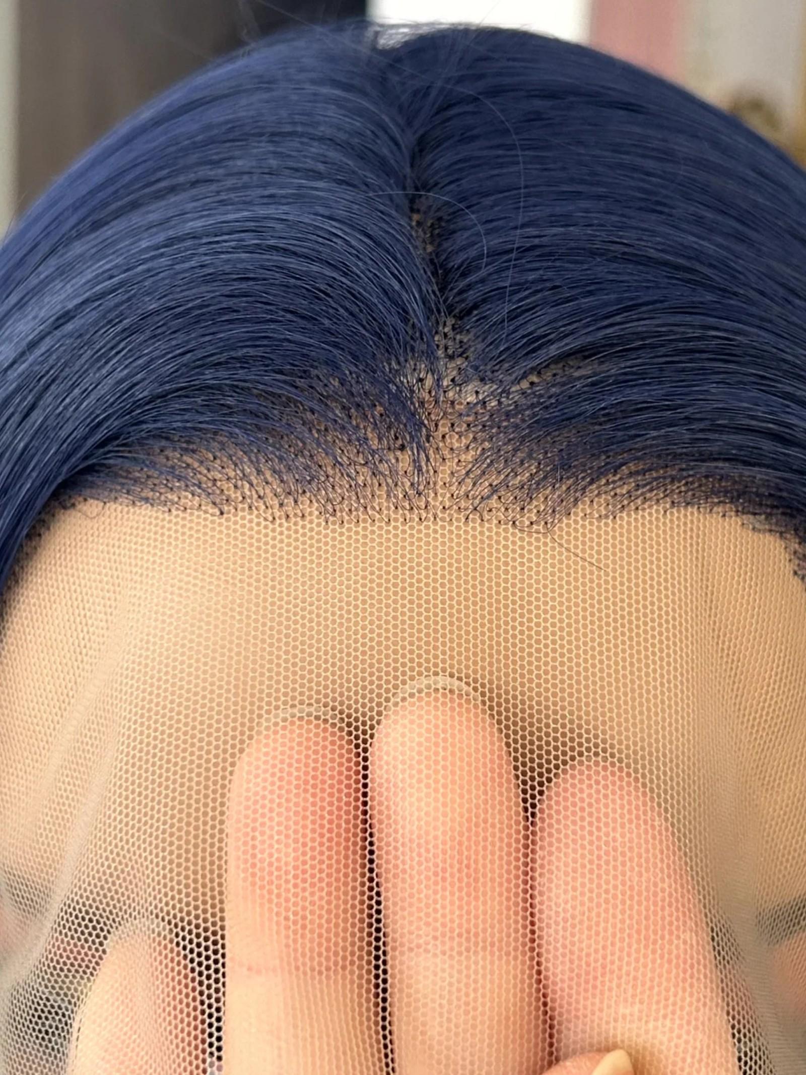 28-Inch Deep Blue Straight Wig for Women, Soft Lace Front, 180% Density, Pre-Plucked, No Glue, Heat Resistant, Daily Use