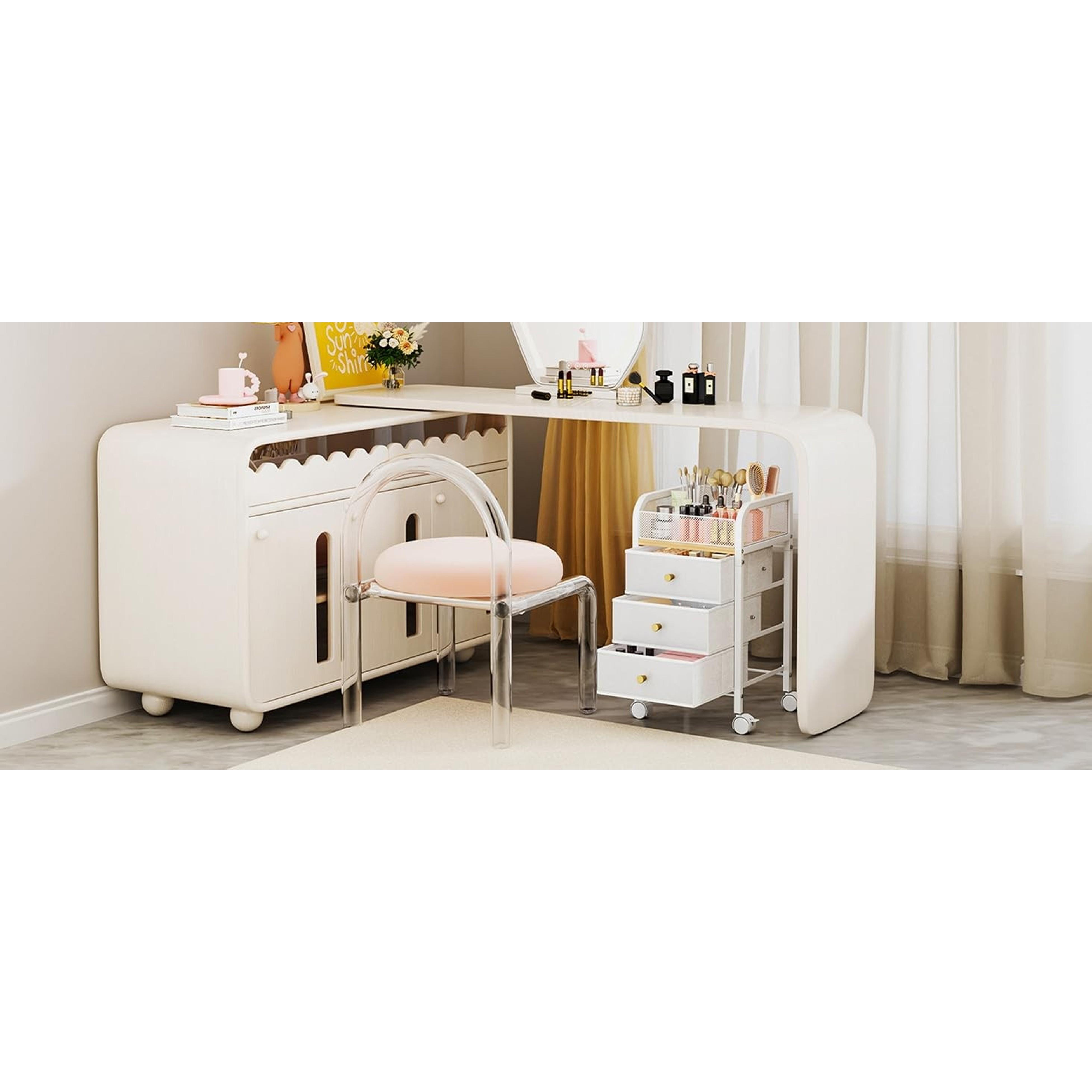 Rolling Makeup Organizer Cart - Under Desk Vanity Makeup Storage with 3 Non-woven Drawers, Nail Cart Organizer Cosmetic Display Cases Cabinet for Skin Care Perfume Nail Polish Brush Hair Tool