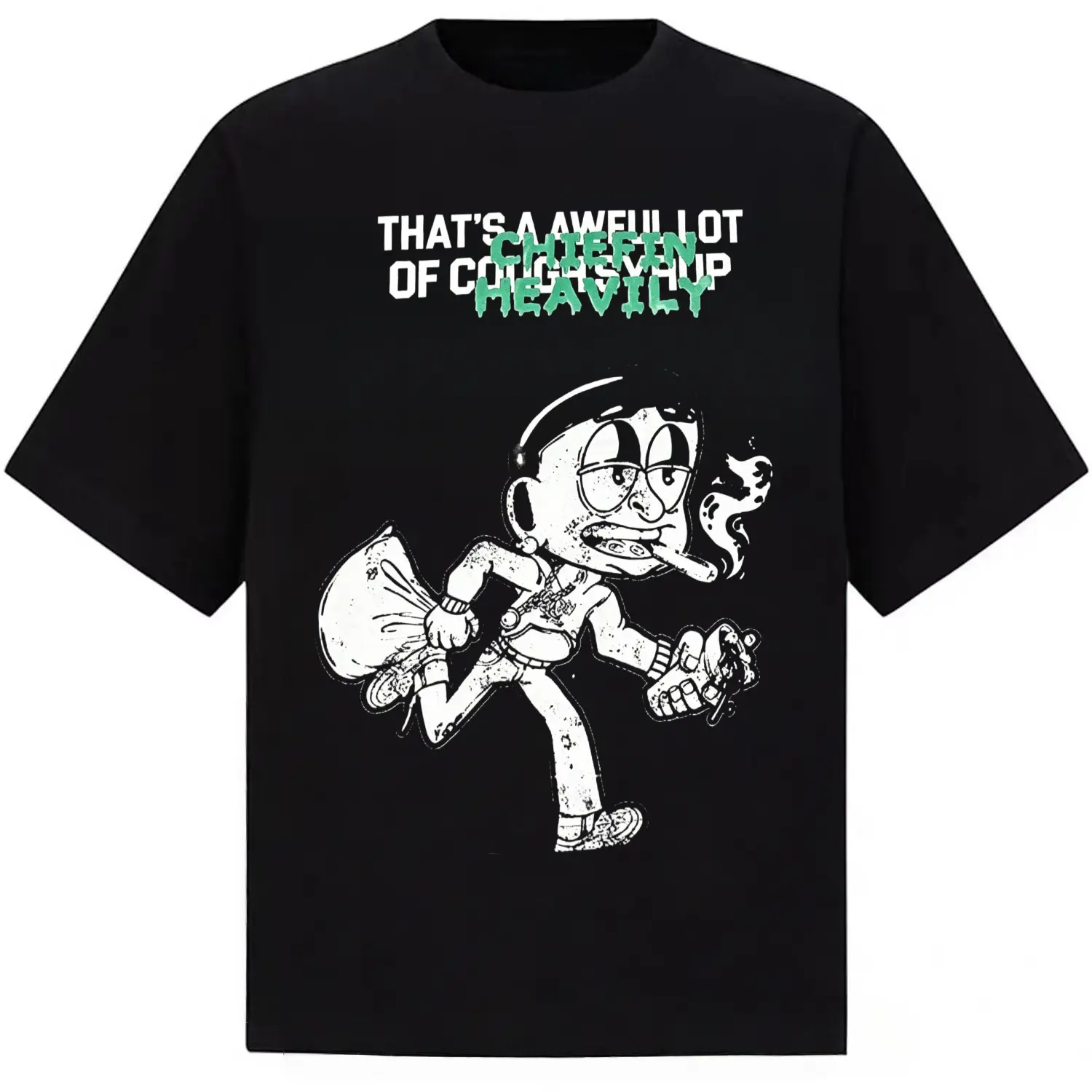 Bold Letter Mosaic Graphic Tee-Oversized Black T-Shirt With 'That's a Awful Lot of Cough Syrup' Patchwork Typography,Unisex Streetwear Statement Tee for Fashion anime oversize stretwear tee classic menswear dad joke appa