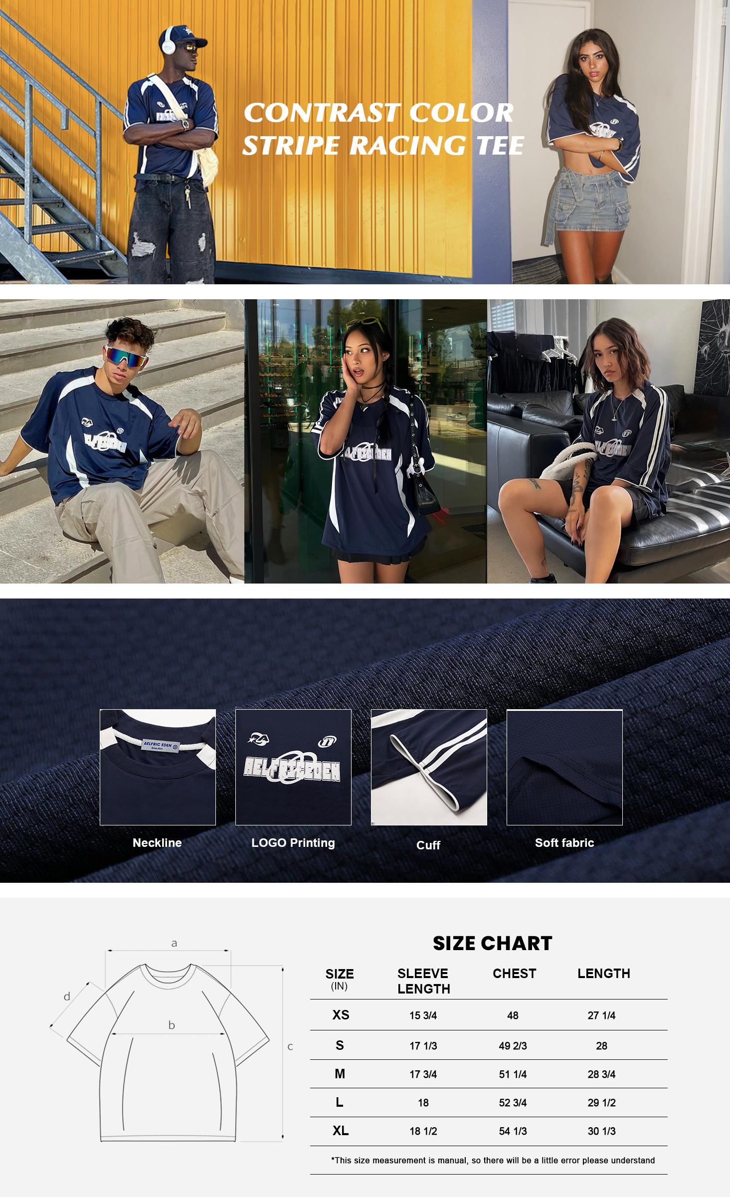 AELFRIC EDEN Unisex Contrast Color Stripe Racing Tee Navy Blue Sporty Design 100% Polyester Summer Sports Sweatshirt