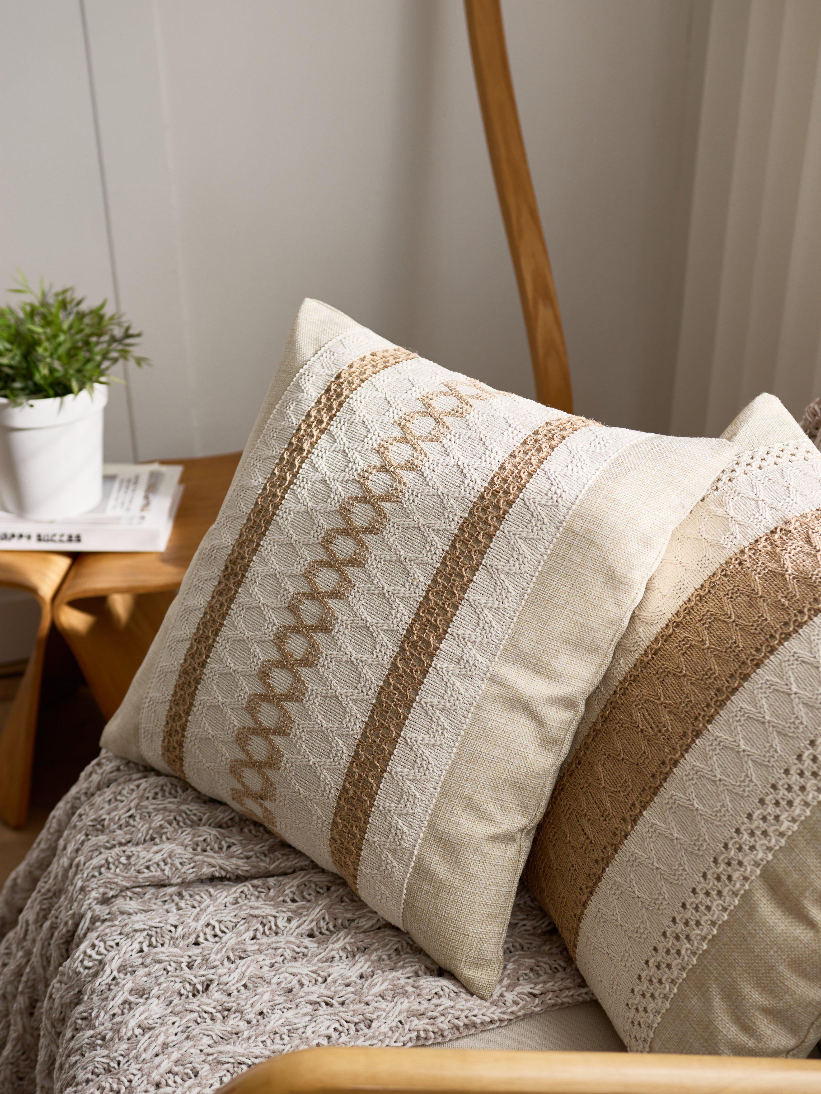 DRAGUE Boho Throw Pillow Covers, 17.7x17.7 in Set of 2 Beige Brown Farmhouse Textured Embroidered Striped Cushion Covers for Couch, Bedroom Home Decor (No Inserts Included)