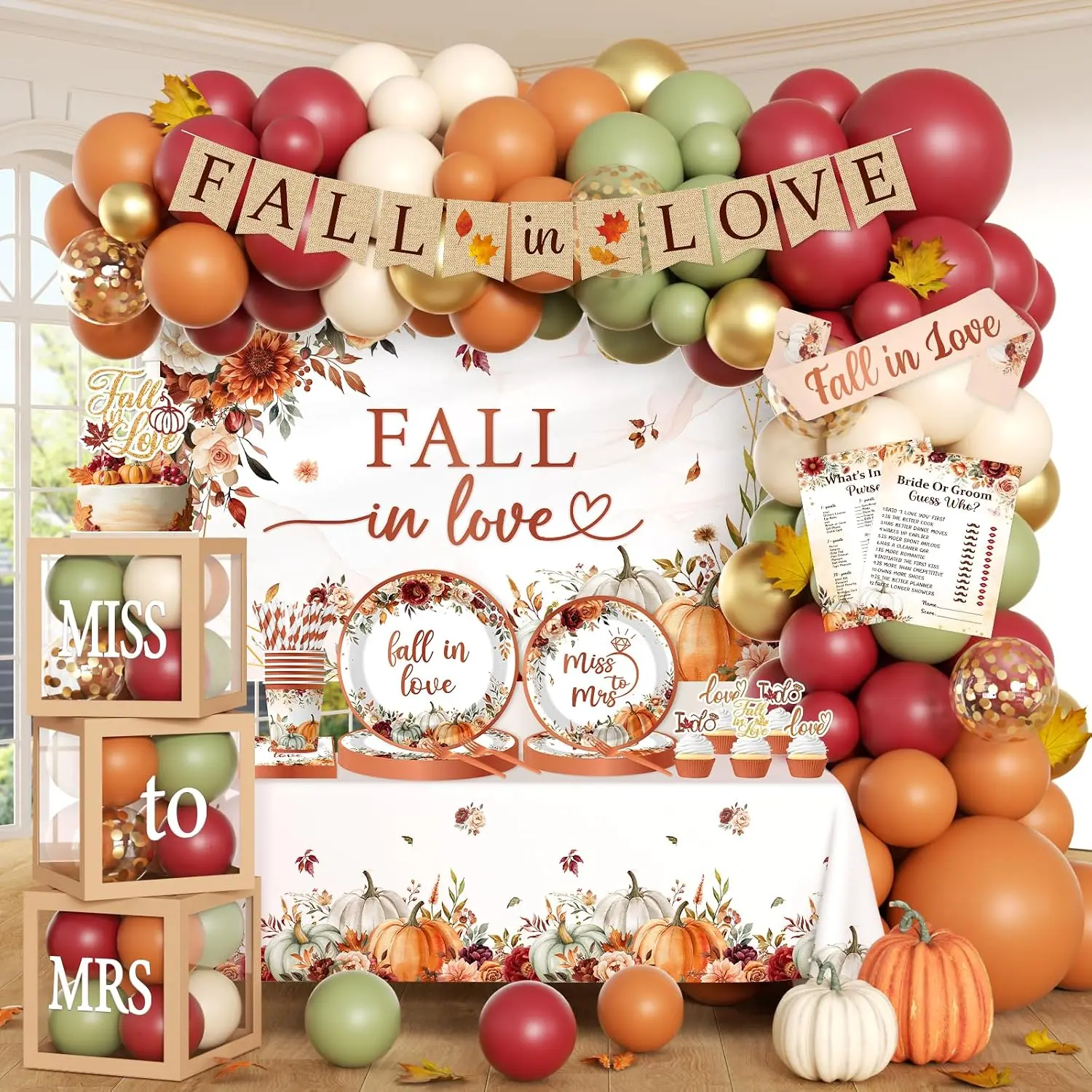 Boho Fall in Love Bridal Shower Decor, -in-1 Pumpkin Fall Wedding Decor with Balloon Arch Balloon Boxes Plates Napkins Cake Toppers Tablecloth Backdrop Banner for Miss to Mrs Engagement Party