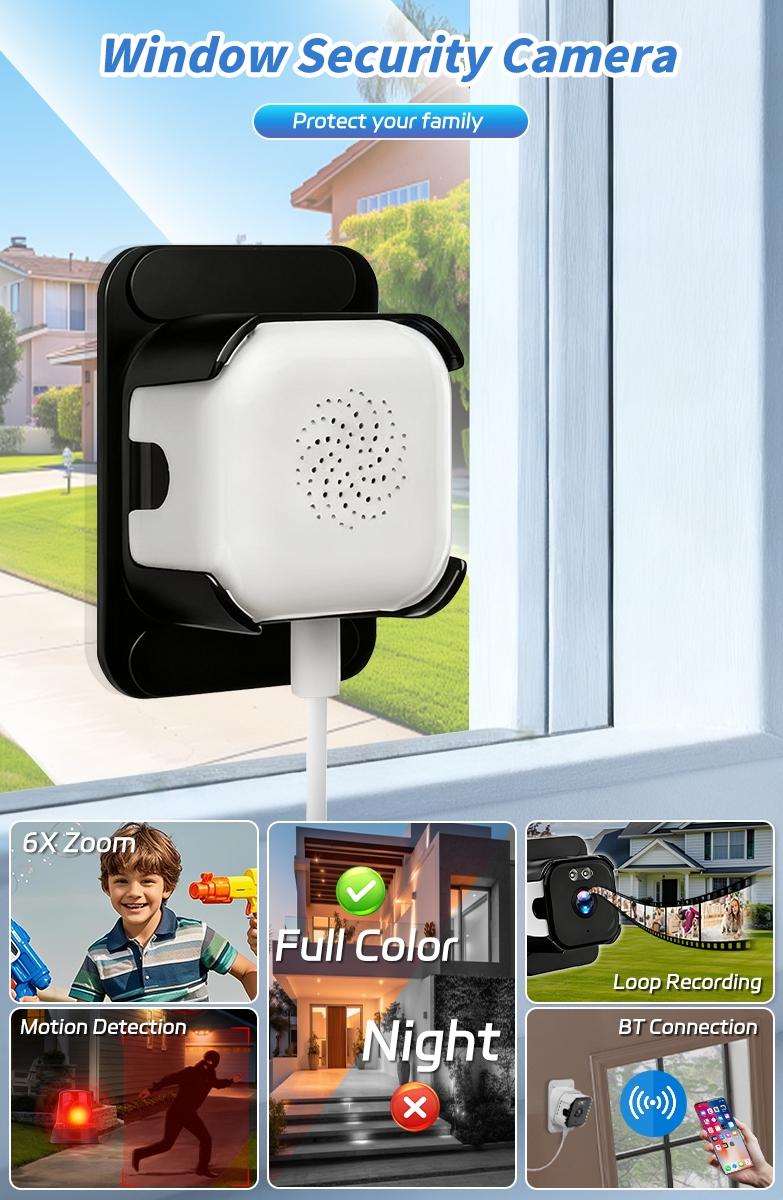 Window Camera, Wall-Mount Security Camera, Full-Color Night Vision, Dual-Band WiFi, Motion Detection, Easy Installation, Indoor Surveillance Device