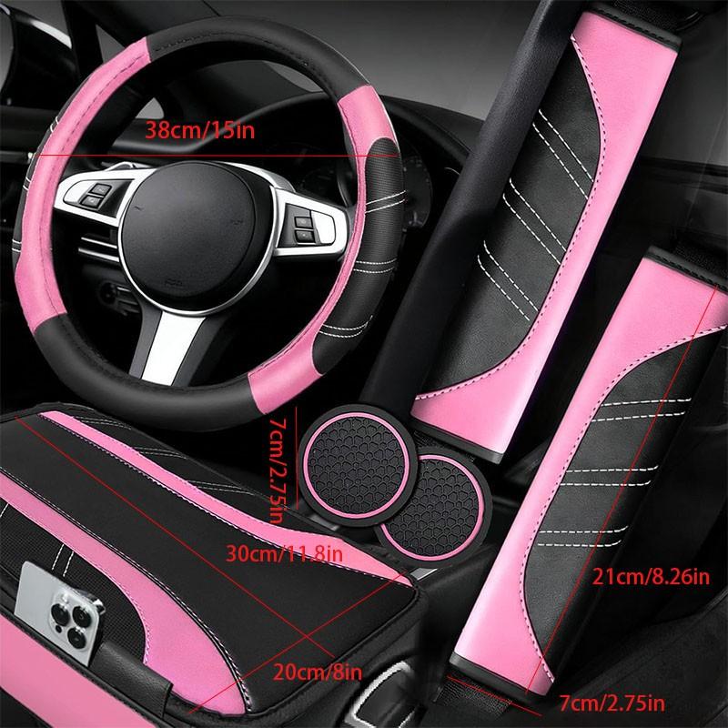 6pcs Car Interior Accessories Set: Sporty PU Leather Steering Wheel Cover (14.5-15 inch Universal), Microfiber PU Leather Car Console Cover, Seatbelt Pads, Cup Holder Pads. All-Season Universal Car Accessories