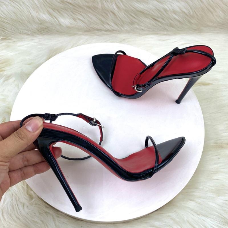 2026 New Minimalist Line Curved Straight Strap 10cm Ultra High Heel Sandals Sexy Wristband Large Size Thin Heel 10cm Red Bottom Women Girl
