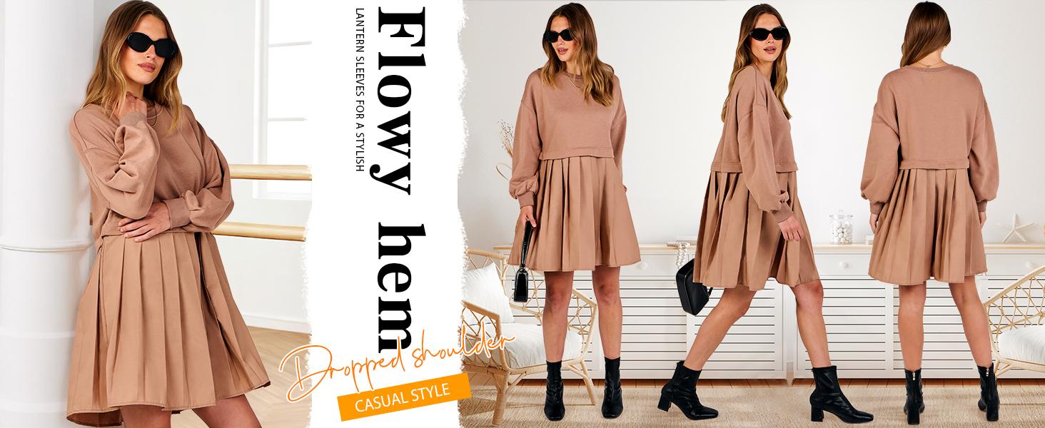 ANRABESS Women Oversized Sweatshirts Hoodie Dress Long Sleeve Crewneck Casual Baggy Patchwork Pleated Flowy Mini Dresses