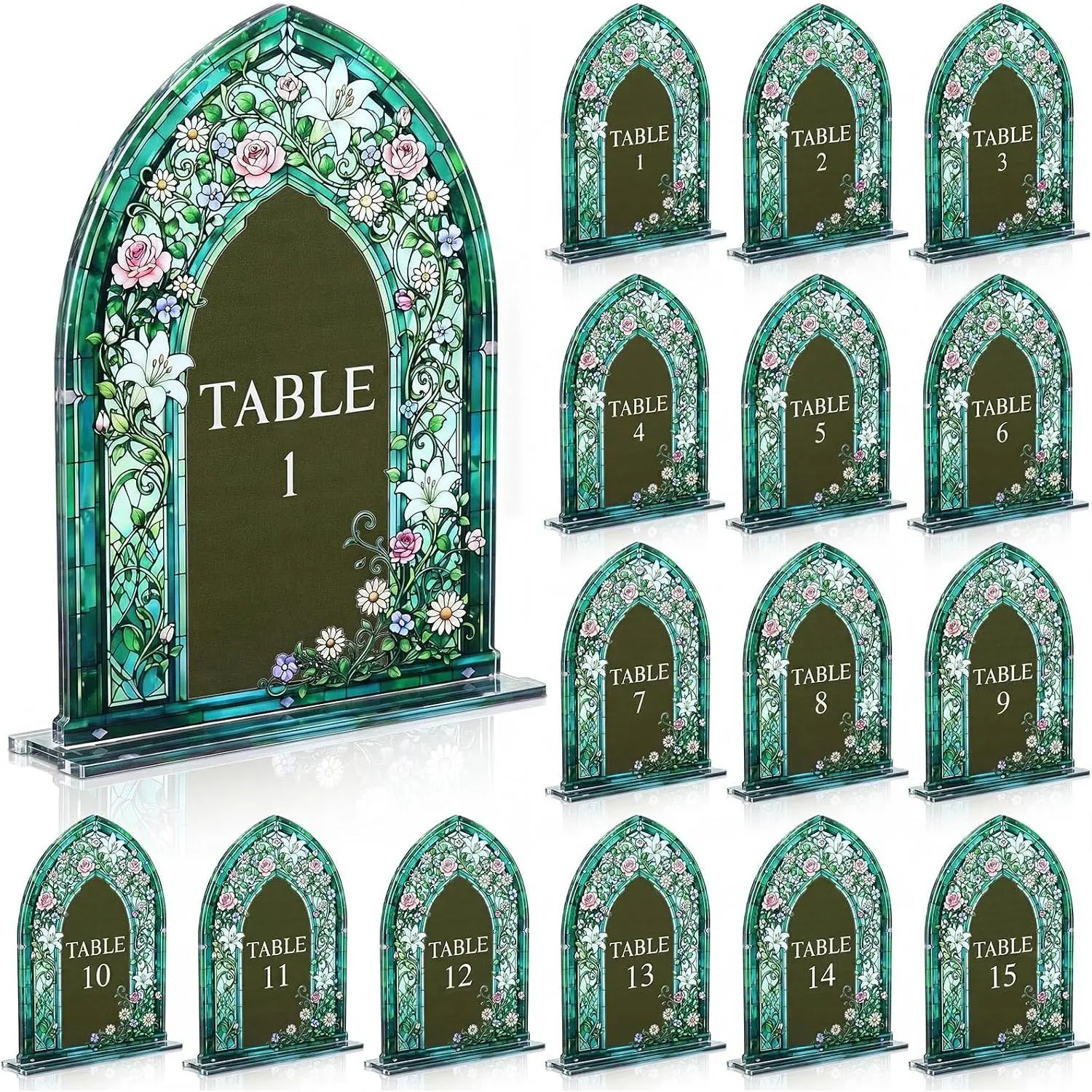 15 Pieces Acrylic Wedding Table Numbers with Stands, 5x7 Inch Vintage Table Signs, Numbers 1-15, Floral Arch Holder for Ceremony Reception, Gothic Stained Glass Green Garden Decor