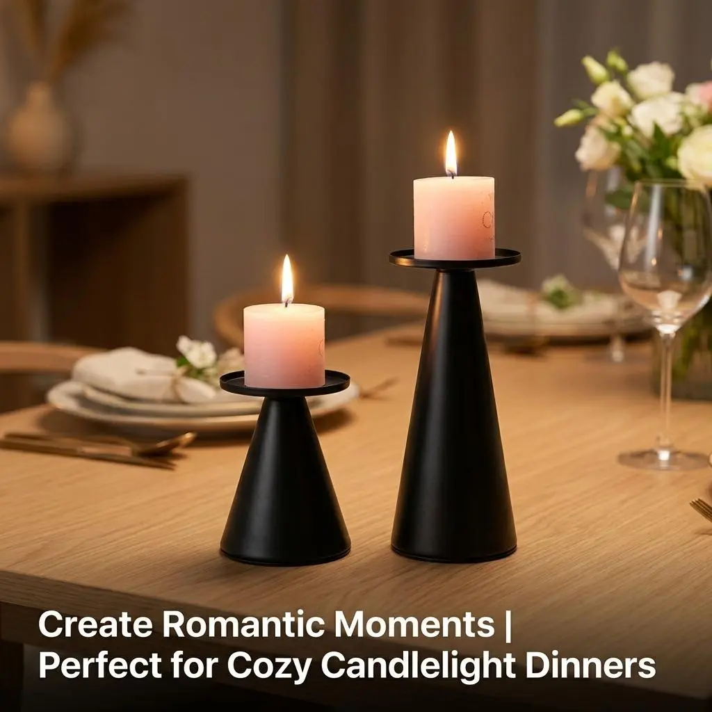 Black Pillar Candle Stands in 2 Sizes, Modern Cone Tabletop Decor Holders with Round Base Tray, Minimalist Table Decor Pedestals for Dining Table, Mantel, Shelf, Wedding, Holiday & Home Ornaments**