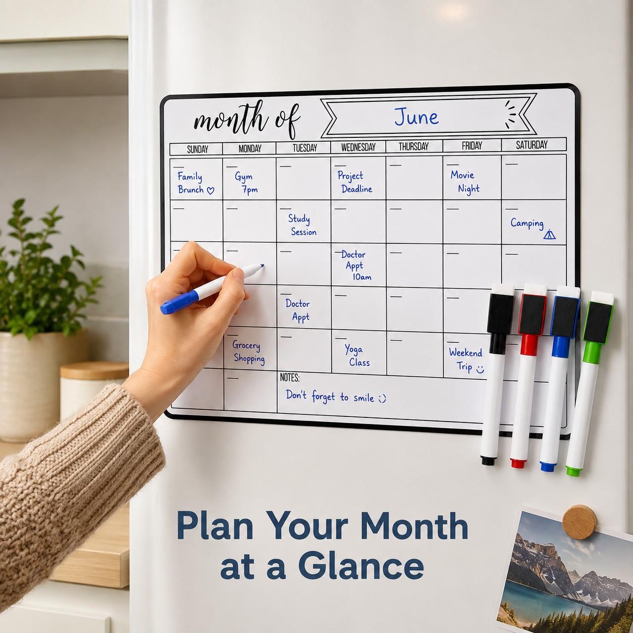 Magnetic Refrigerator Monthly Planner Set, Calendar for Fridge, Includes 4 Magnetic Markers, Reusable Whiteboard, Ideal for Home and Study Time Management