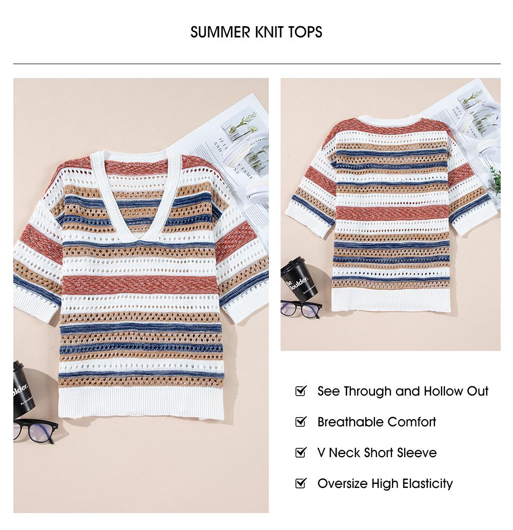 EVALESS Women's Crochet Summer T Shirts V Neck Short Sleeve Loose Fit Striped Hollow Out Knitwear Tops 2026 Casual Beach Vacation Trendy Shirts Springtok Outfits