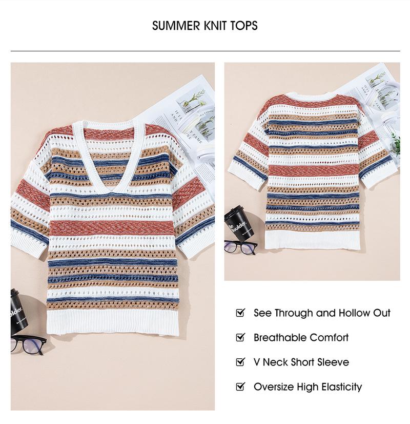 EVALESS Women's Crochet Summer T Shirts V Neck Short Sleeve Loose Fit Striped Hollow Out Knitwear Tops 2026 Casual Beach Vacation Trendy Shirts Springtok Outfits