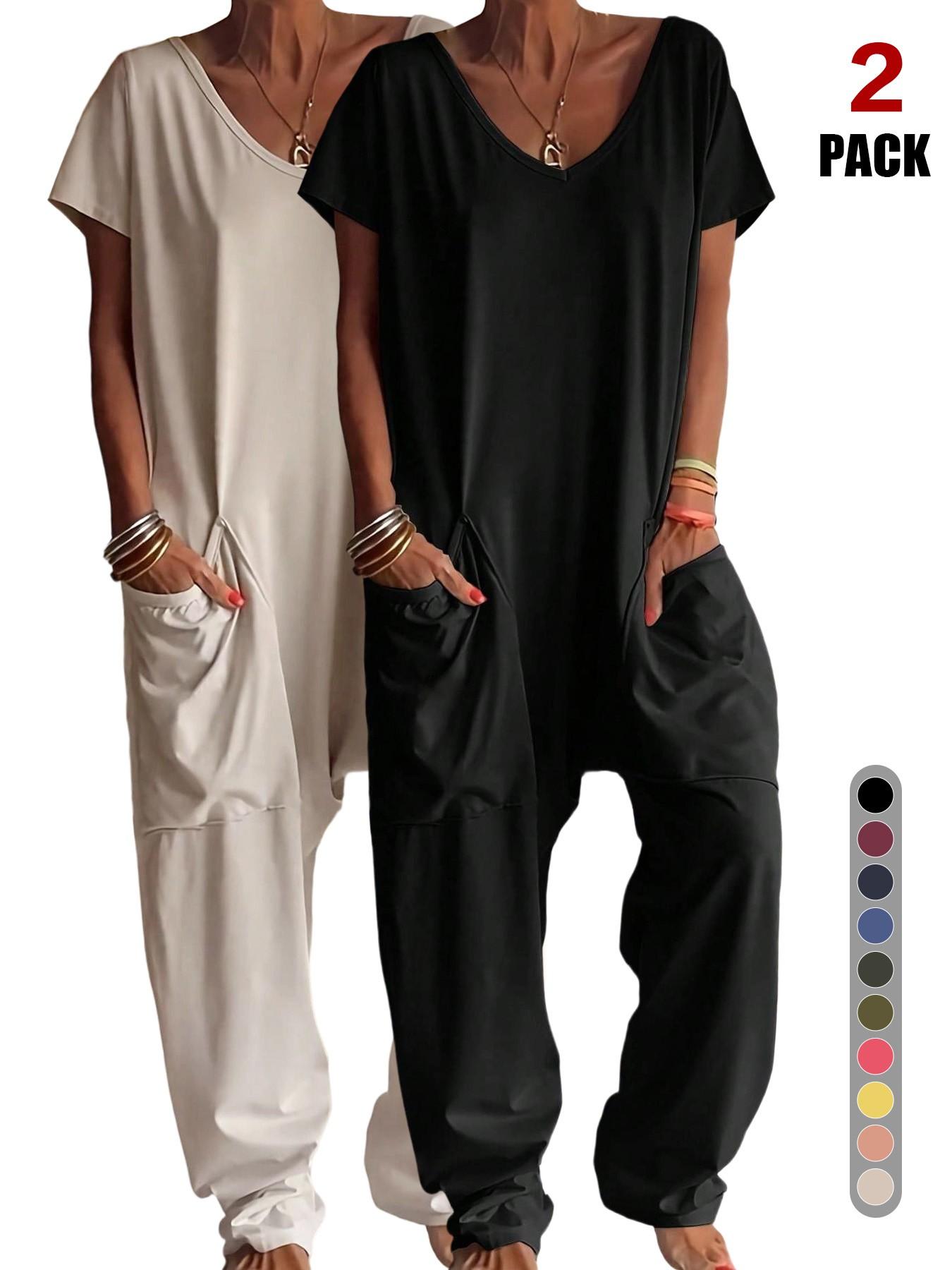 Women's Summer V-Neck Oversized Minimalist Jumpsuit, Sexy Backless Loose Fit Harem Pants, Casual Streetwear for All Seasons Womenswear