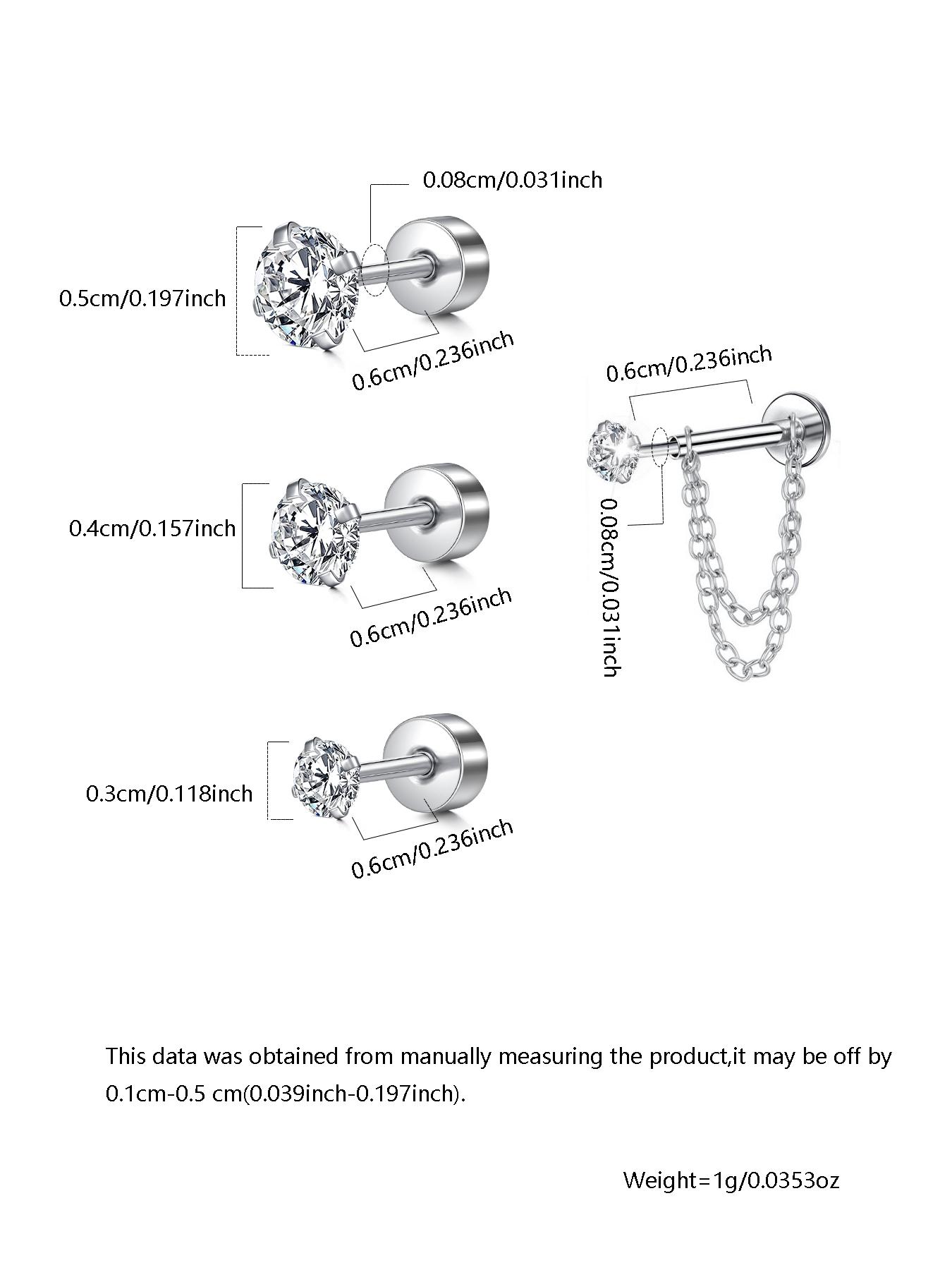 Stainless Steel Helix & Tragus Earrings, 20g Opal & Cz Accents, Chain Design, 3mm-5mm, Unisex Cartilage Piercing Jewelry, Bling Chain