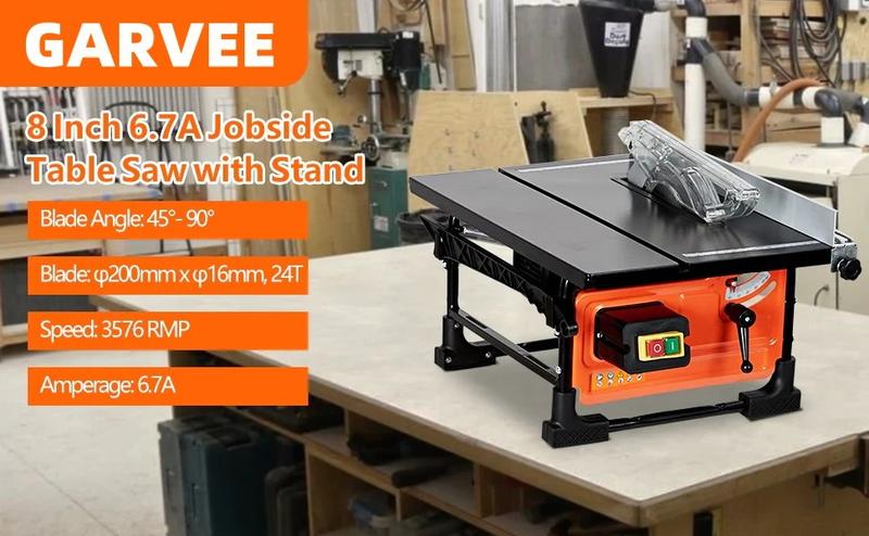 【GARVEE】Portable 8-inch Table Saw with 3576RPM Cutting Speed, 24T Blade, and Efficient Dust Collection for Adjustable Cuts, Perfect for DIY Woodworking Projects and Home Improvement.
