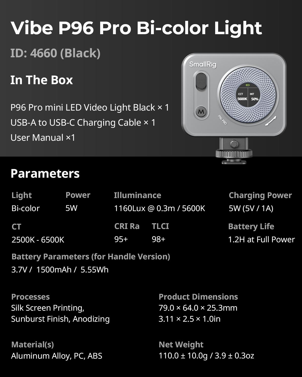 SmallRig Vibe P96 Pro Led Video Light, Portable Camera Light for Photography, Cold Shoe Light, CRI95+, 2500-6500K, 5 Effects, Fill Light Accessories for Content Creator, Streaming Black and pink 4660/4786 Smartphone Lighting