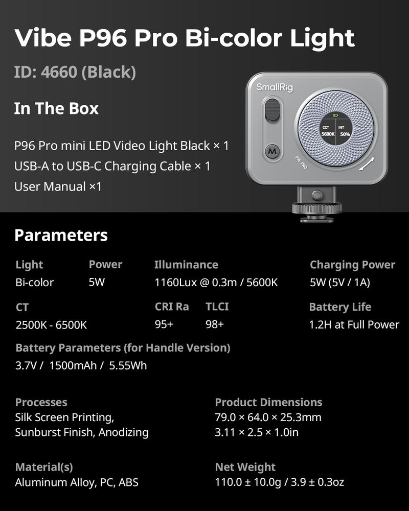 SmallRig Vibe P96 Pro Led Video Light, Portable Camera Light for Photography, Cold Shoe Light, CRI95+, 2500-6500K, 5 Effects, Fill Light Accessories for Content Creator, Streaming Black and pink 4660/4786 Smartphone Lighting