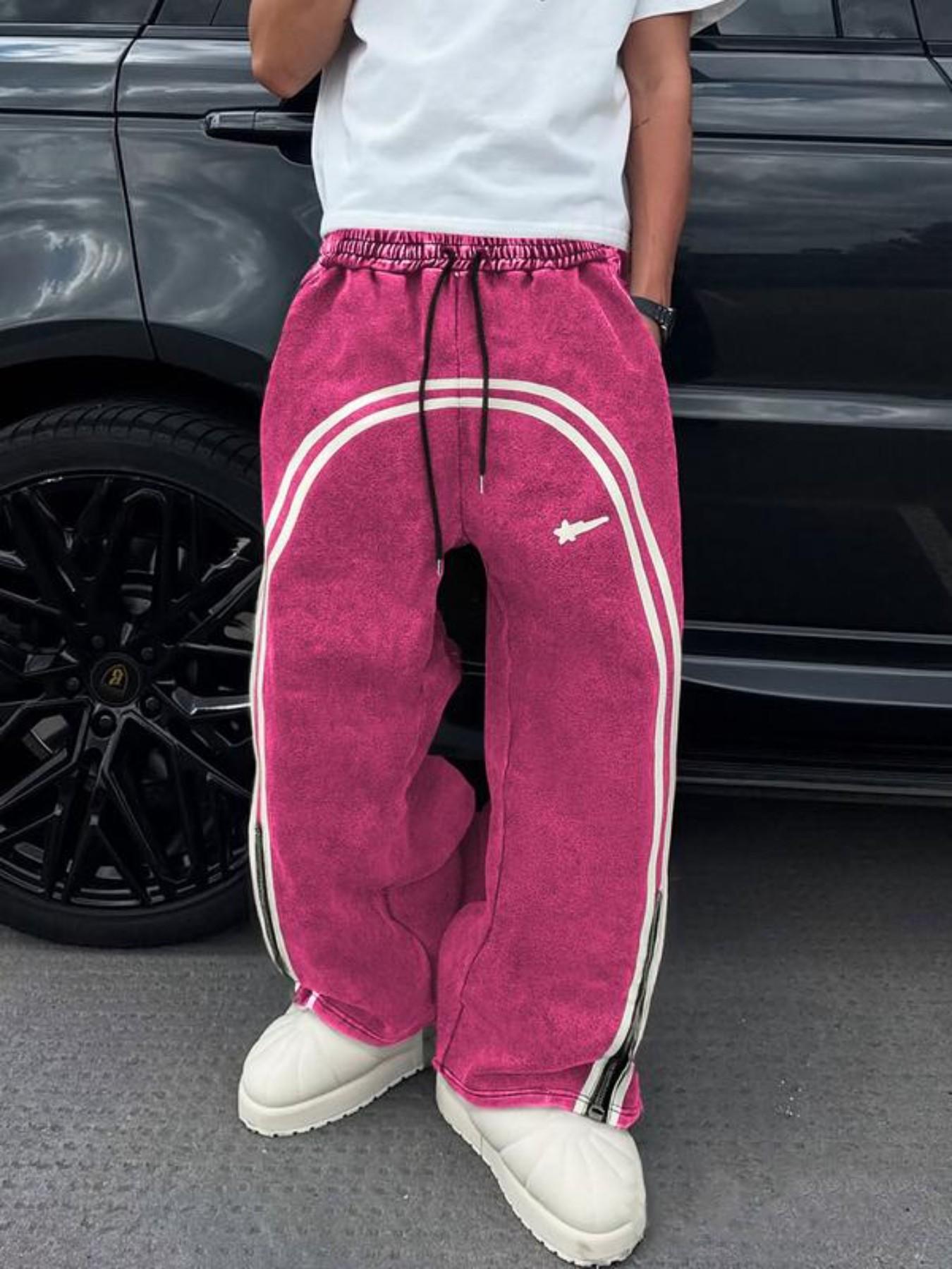 Cotton Men's Plain Color Patchwork Front Drawstring Pocket Casual Sweatpants, Drawstring Waist, Printed Wide Leg, Zipper Design