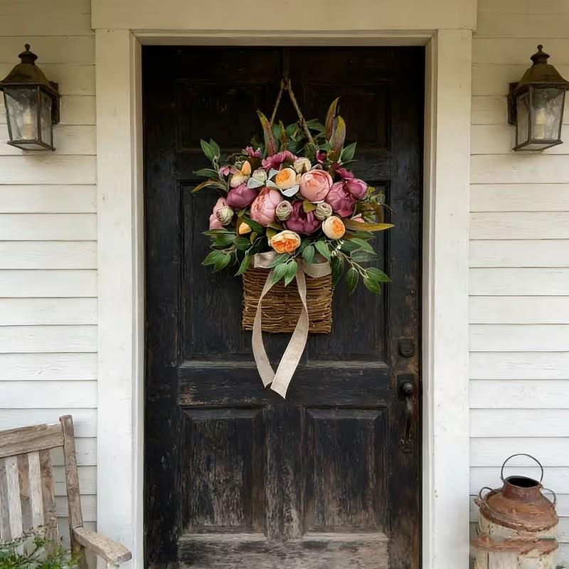 Peony Flower Door Basket Wreath, Spring Summer Wall Hanging Decor, Includes Hydrangea, Plastic Wreath for Front Door, Mother's Day, Daily Decor