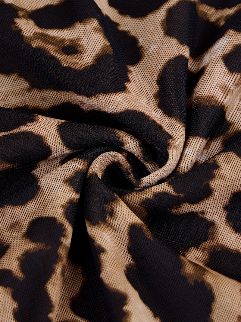 Aliling Women's Elegant Leopard Print Mini Dress, Asymmetrical Neck Long Sleeve Ruffled Hem, All Seasons Fashion Party Dress